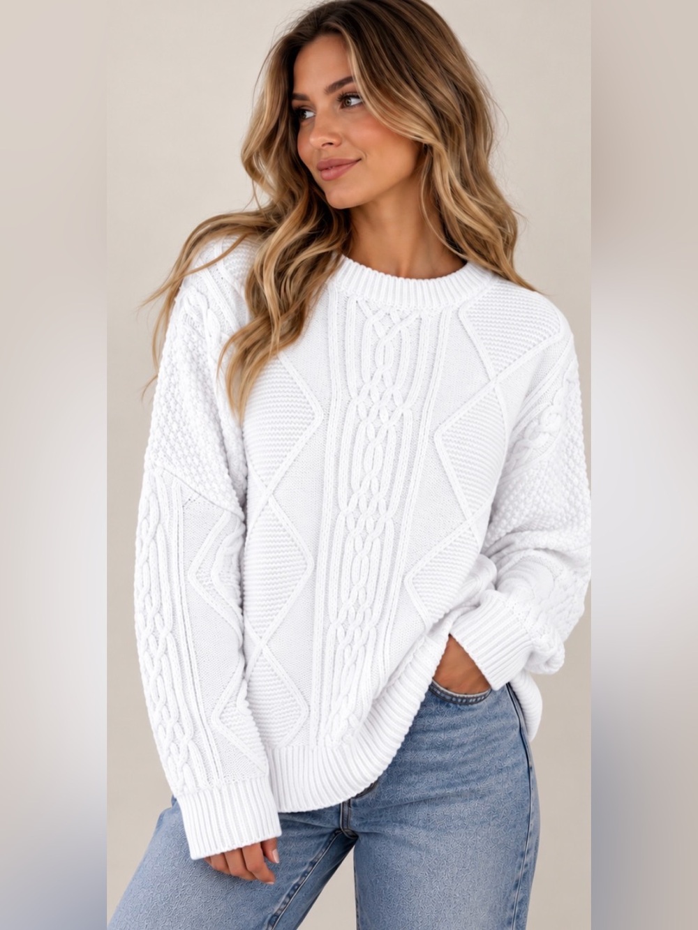 Kittenish White Cable Crewneck Sweater